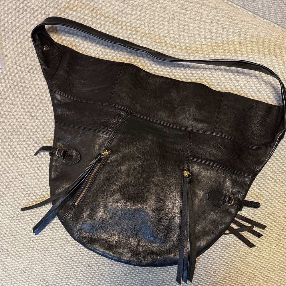 NWOT - XL crossbody Black Leather Shoulder Bag Tassel Zippers - Foley + Corinna